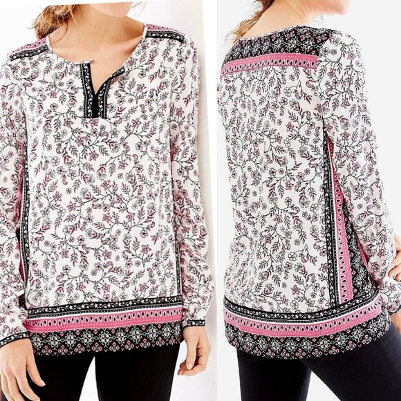 J. Jill Tops - J.Jill Women's Border Floral Print Long Sleeve Peasant Top Black/Pink Sz Medium